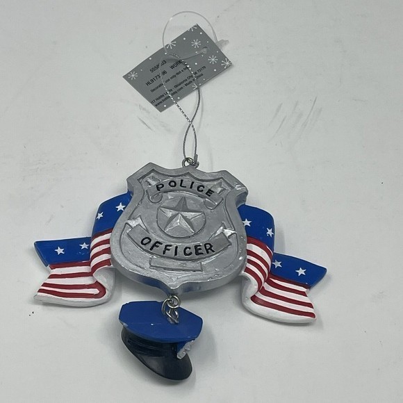 New CHRISTMAS  ORNAMENT‎ 3.5” resin police officer badge w/ hat red white blue - Picture 6 of 7